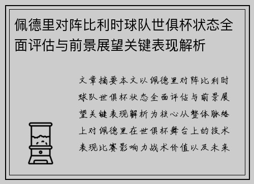 佩德里对阵比利时球队世俱杯状态全面评估与前景展望关键表现解析