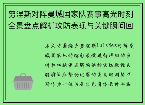努涅斯对阵曼城国家队赛事高光时刻全景盘点解析攻防表现与关键瞬间回顾